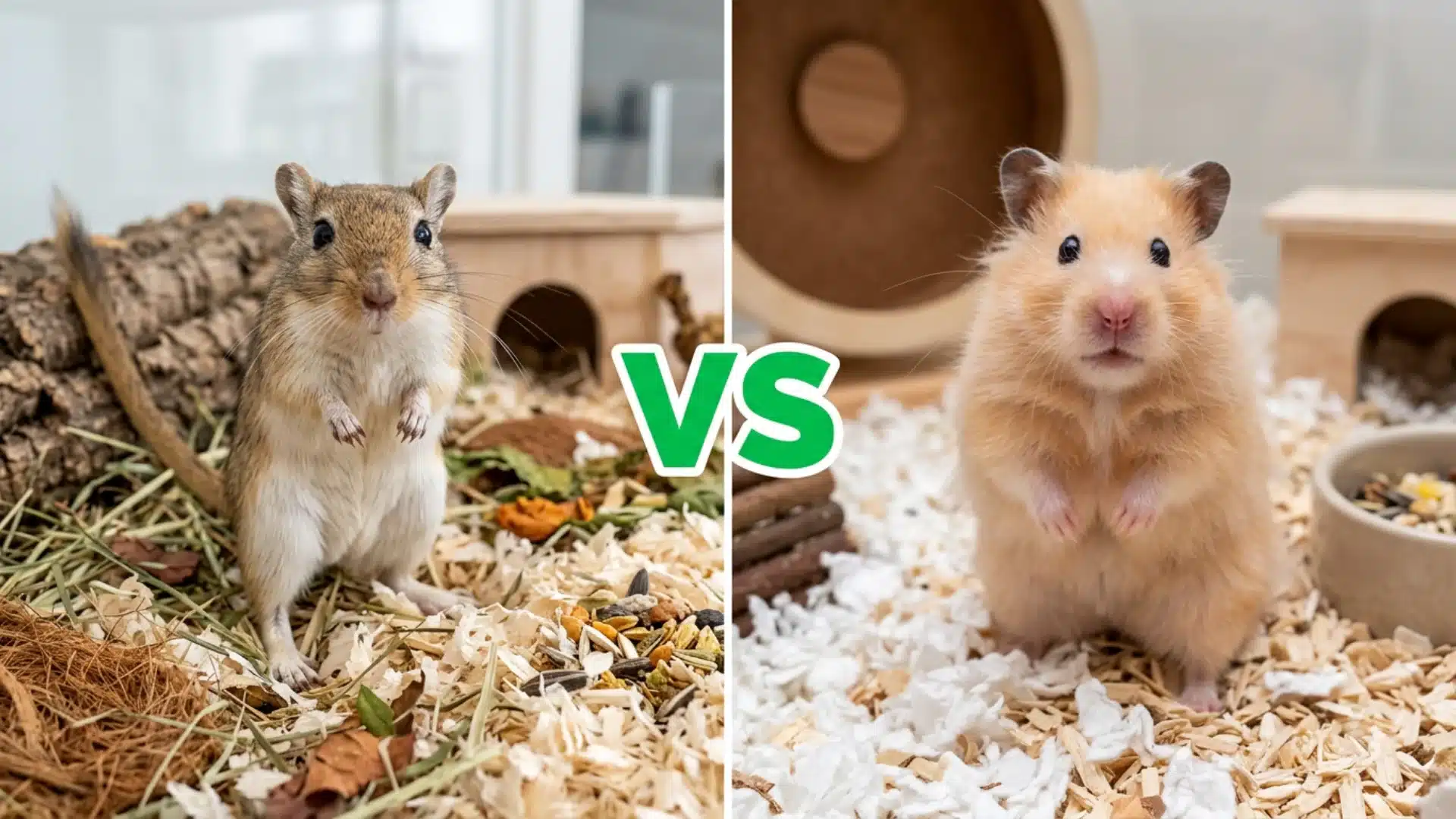 Gerbil versus hamster comparison image with pets in their habitats.