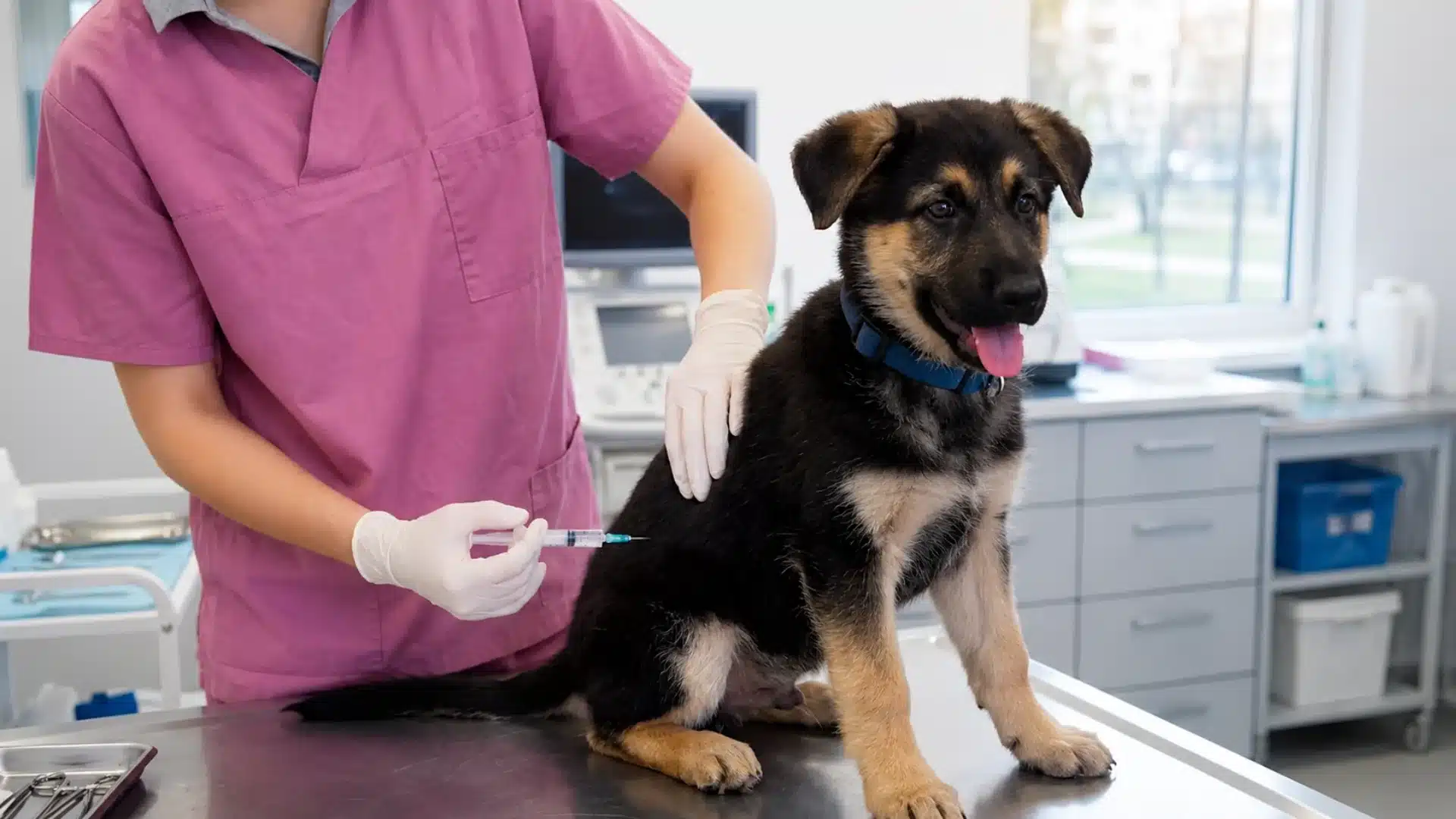 German Shepherd puppy receiving a vaccine at a veterinary clinic while a gloved vet provides care safely