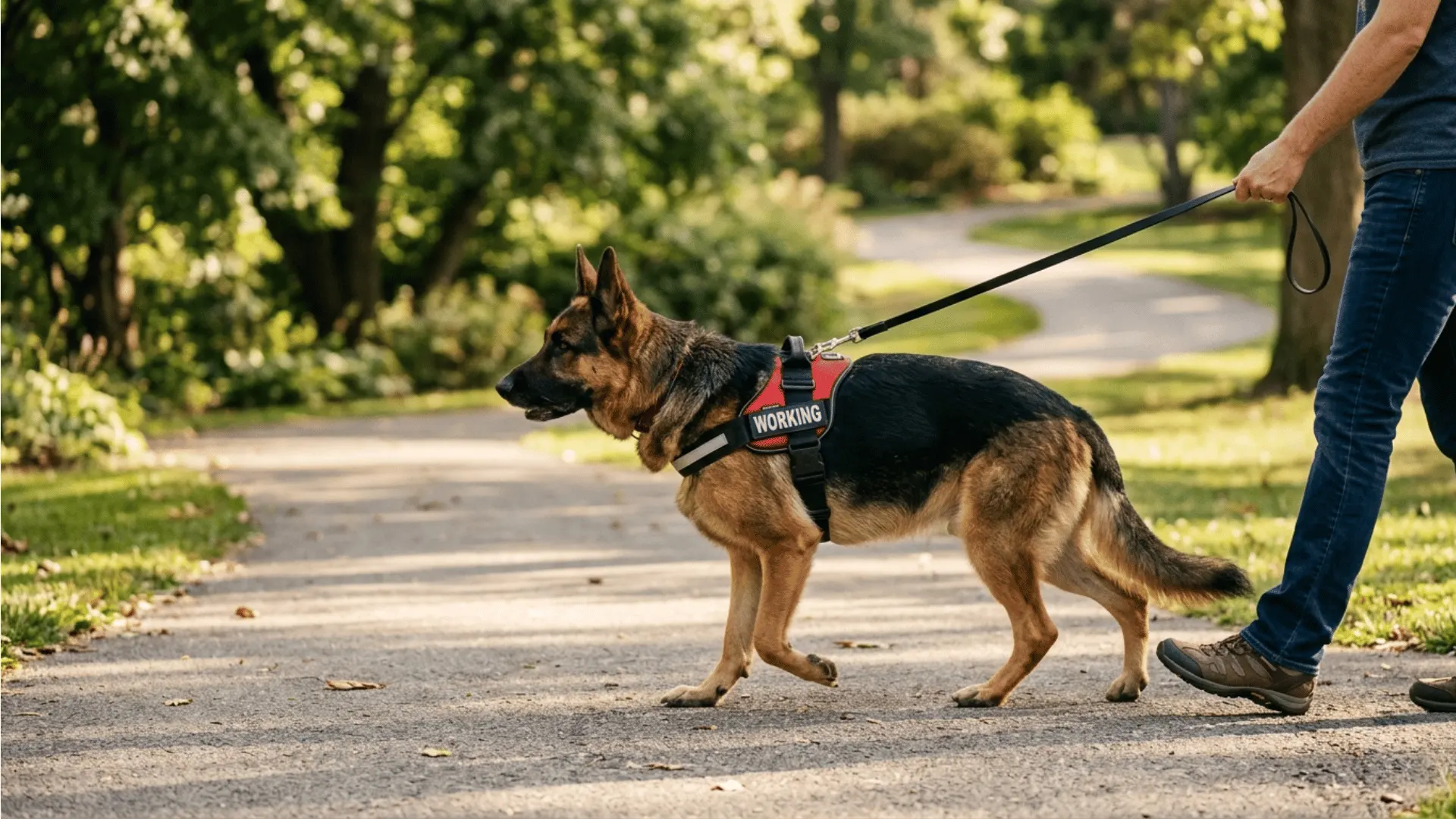 German Shepherd service dog walking with handler on a park path