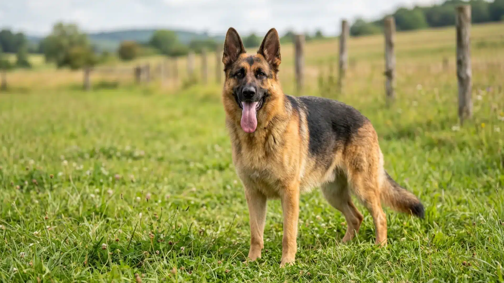 German Shepherd standing in a grassy field near a fence