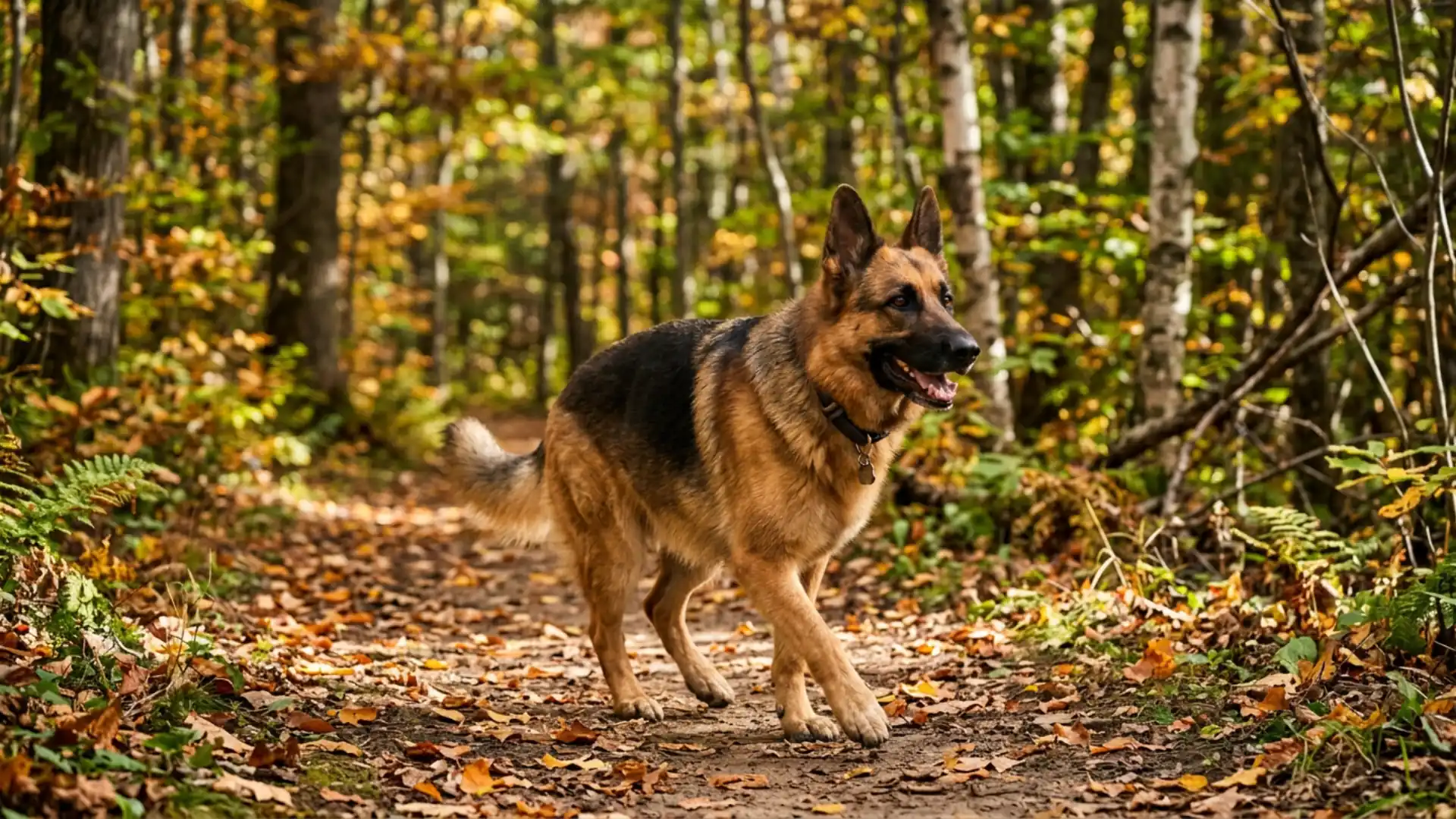 German Shepherd walking along a leafy forest trail in warm autumn sunlight