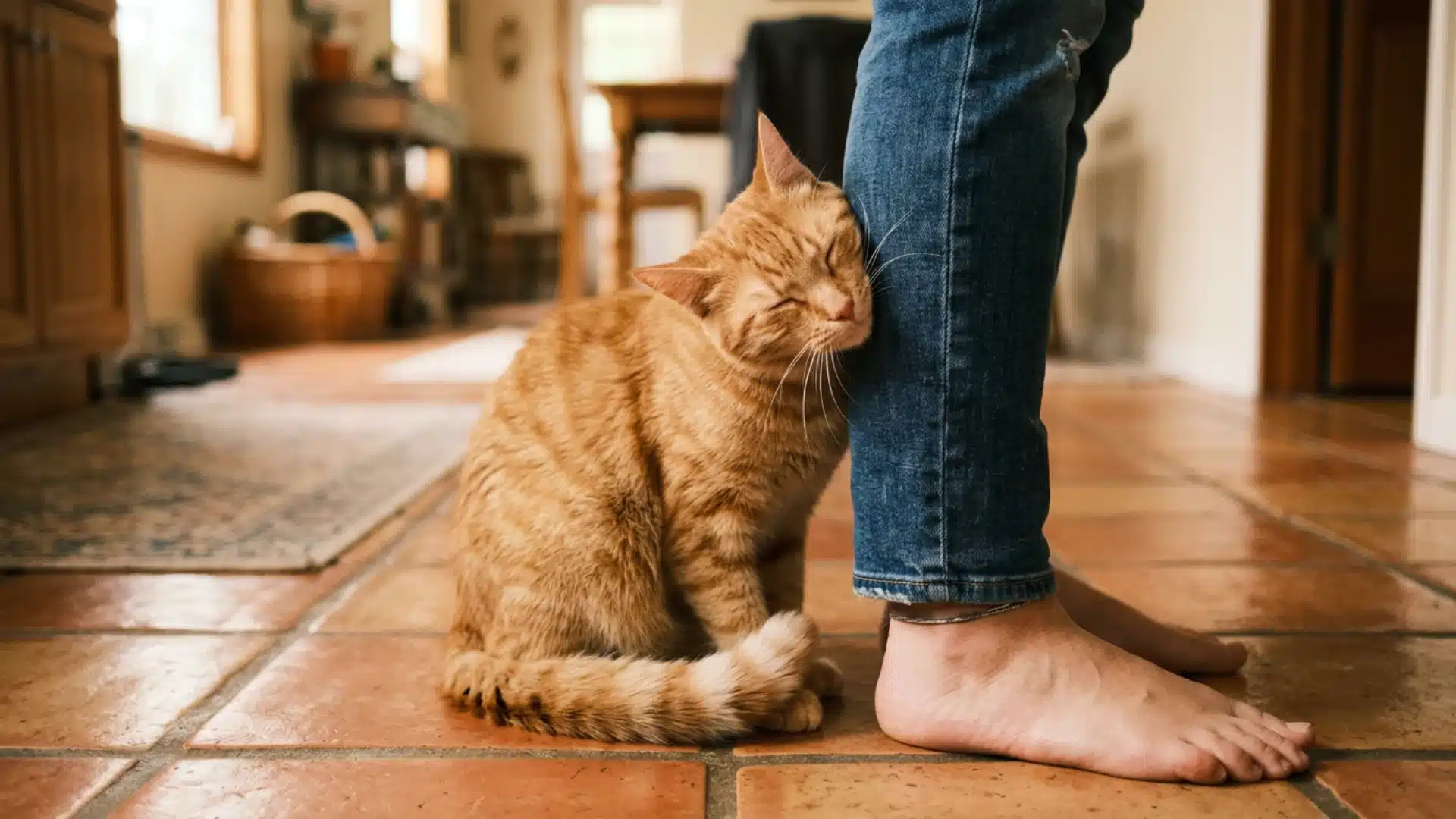 Ginger cat rubbing cheek against owner's leg in affectionate scent-marking behavior indoors