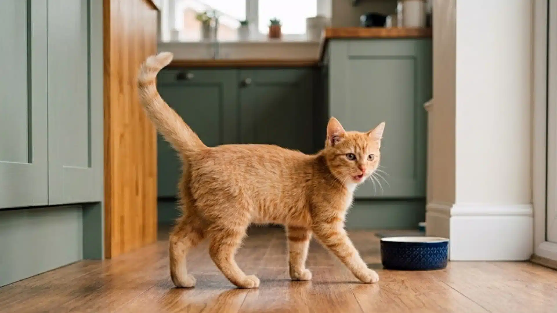 Ginger cat walking across a kitchen floor with tail raised near a bowl and glass door