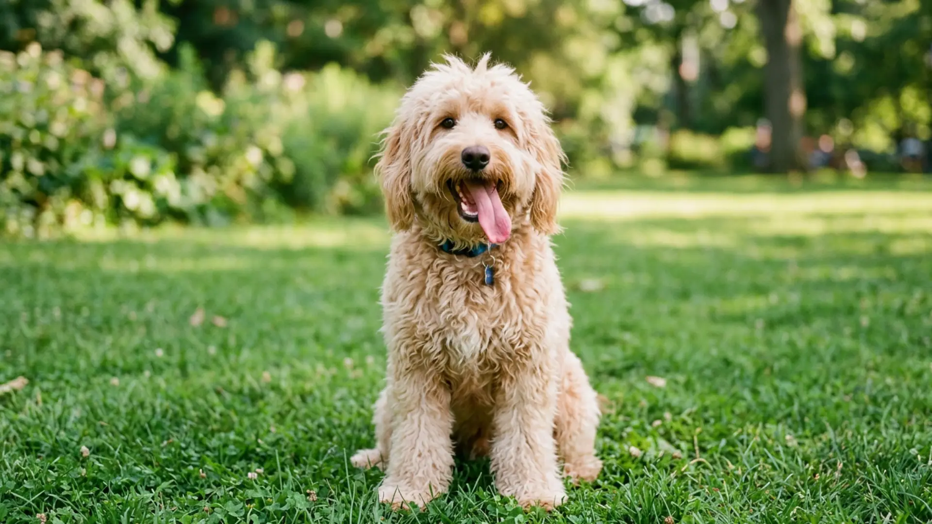 Glen of Imaal Terrier sitting on green grass in a sunny park