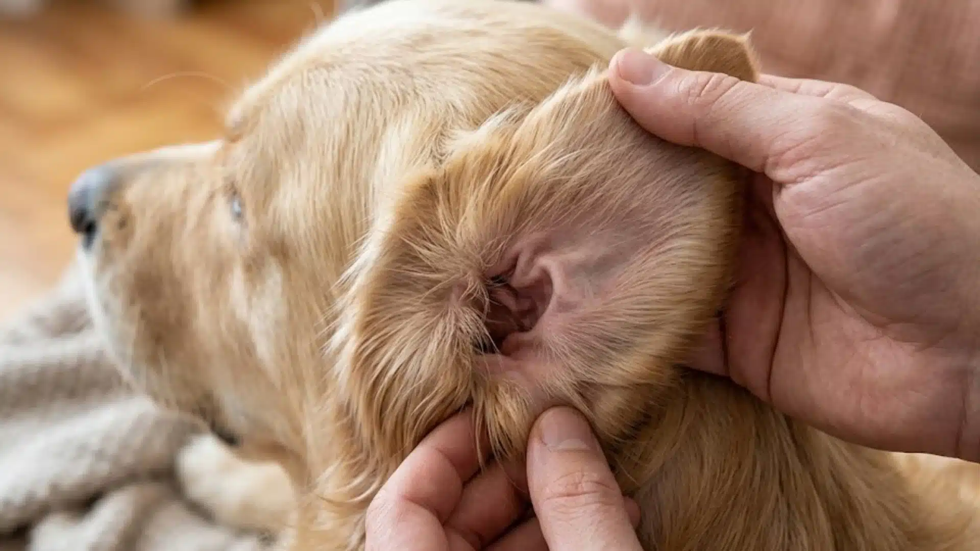 Golden Retriever ear being examined closely for swelling, irritation, or infection during a home ear checkup