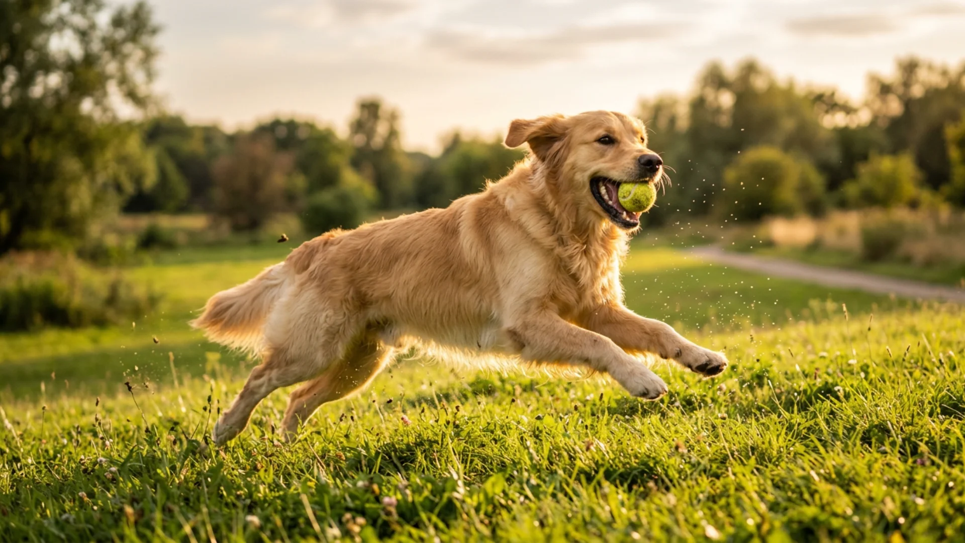 Golden Retriever fetching a ball in a park
