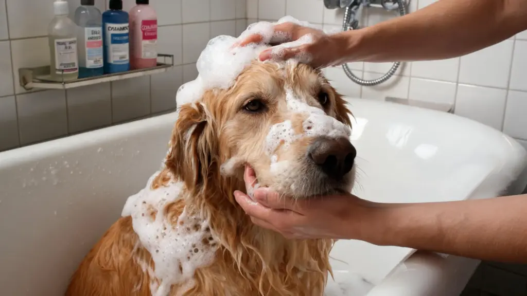 Golden retriever getting a soapy bath in a bathtub