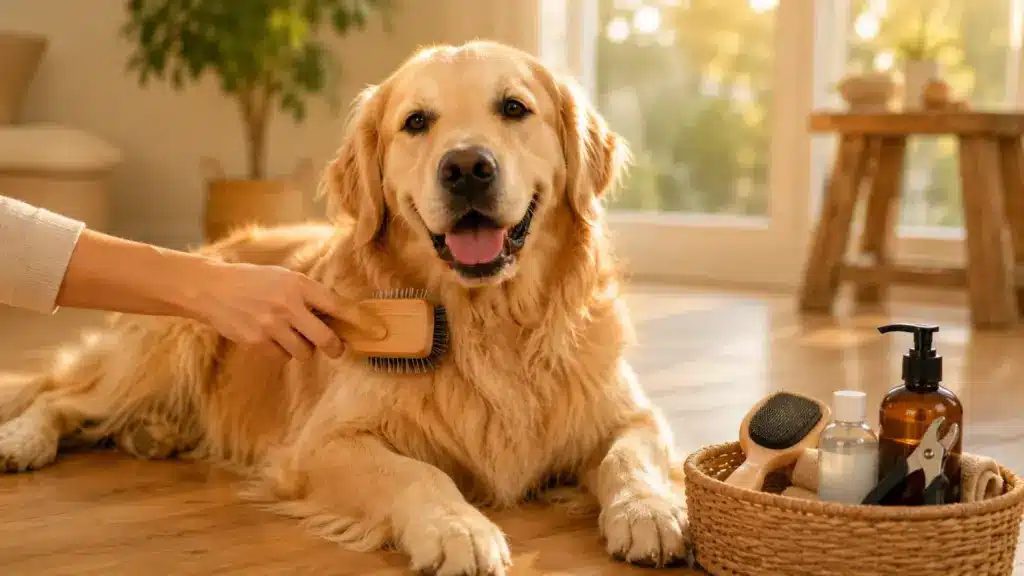 Golden retriever getting brushed in cozy home light
