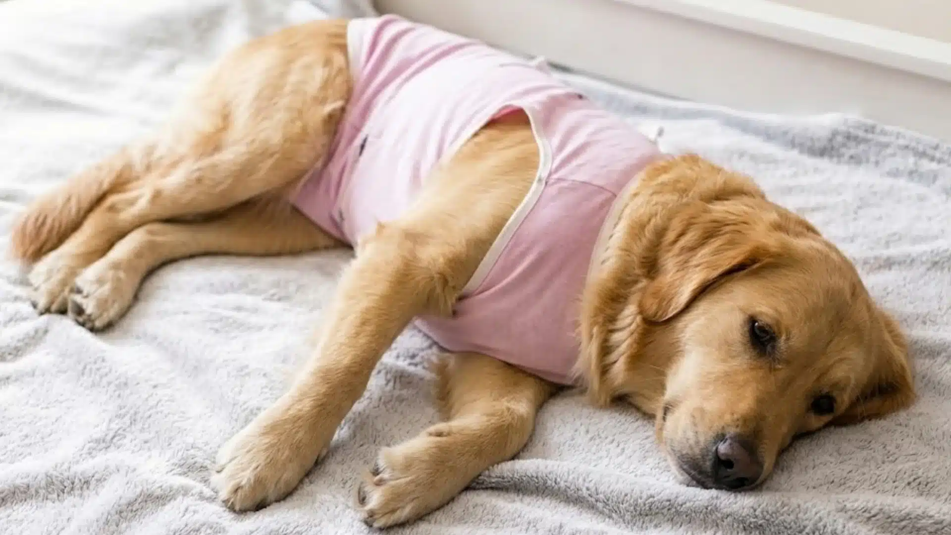 Golden retriever in pink recovery suit lying on a soft blanket and looking tired during heat