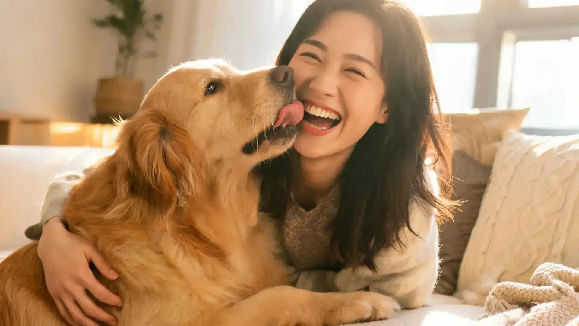 Golden retriever licking a smiling person’s cheek on a cozy couch