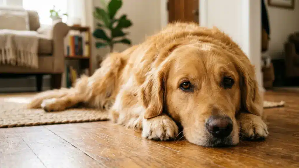 Golden Retriever lying on a wooden floor in a cozy living room