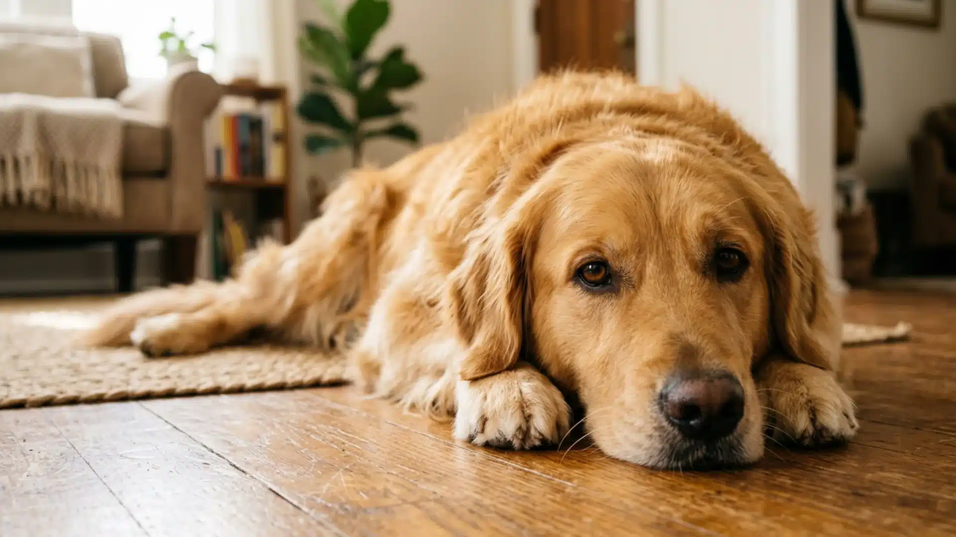 Golden Retriever lying on a wooden floor in a cozy living room
