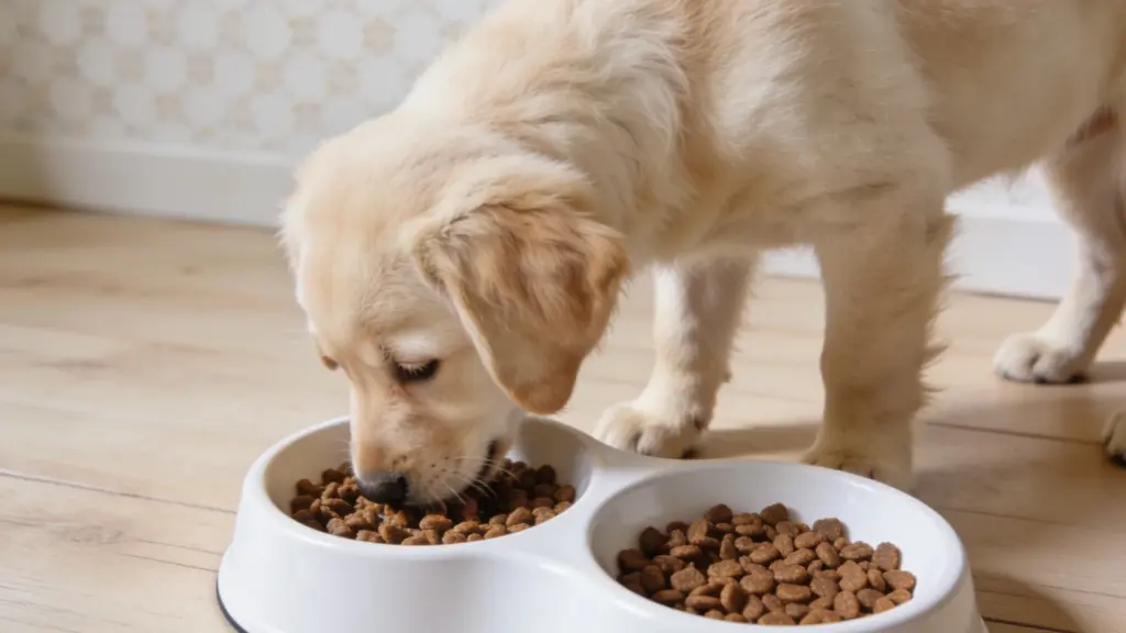 Golden Retriever puppy eating kibble from a white food bowl indoors