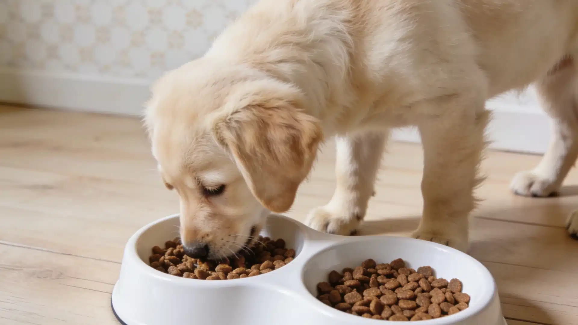 Golden Retriever puppy eating kibble from a white food bowl indoors