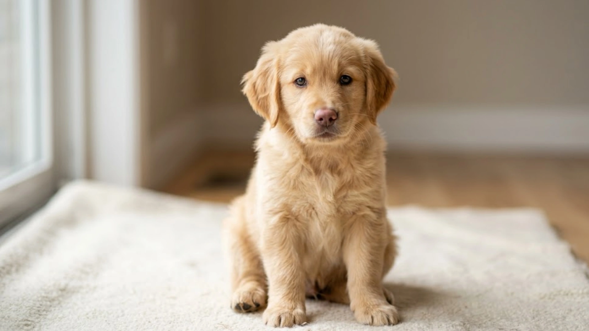 Golden retriever puppy sitting calmly during the socialization period