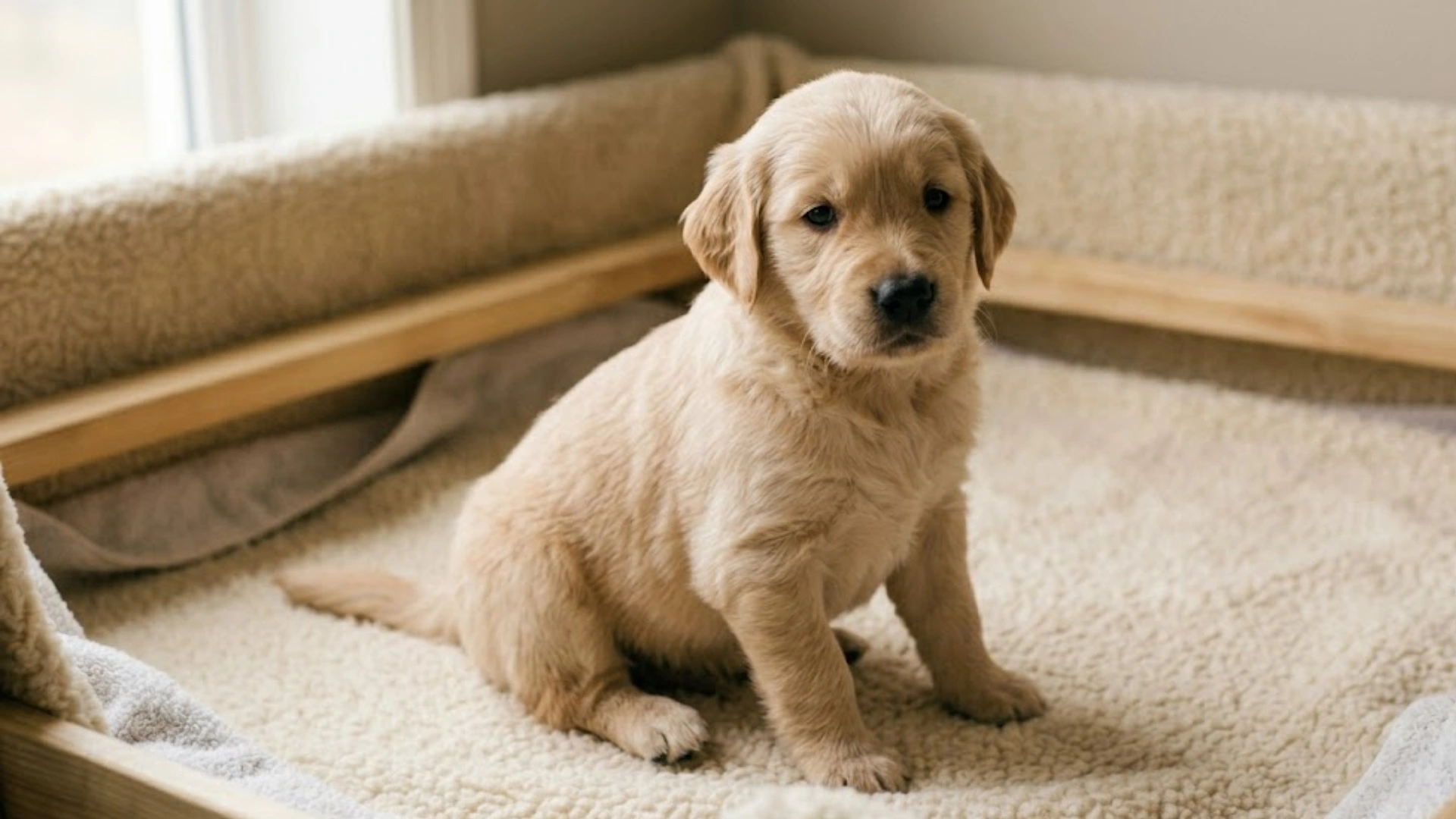 Golden retriever puppy sitting on soft bedding in a cozy indoor pen