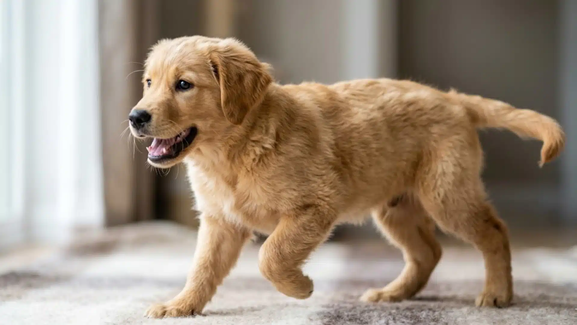 Golden retriever puppy walking indoors during the juvenile growth stage
