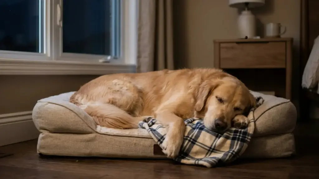Golden retriever resting on a dog bed in a dim bedroom
