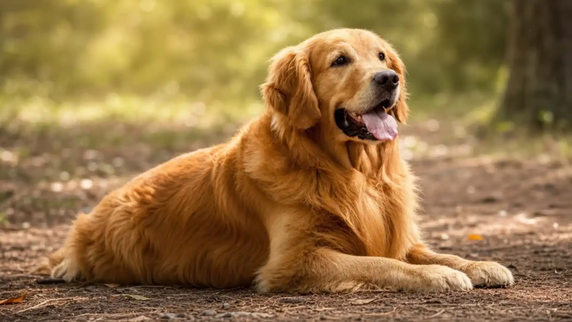 Golden retriever resting on a sunlit forest path