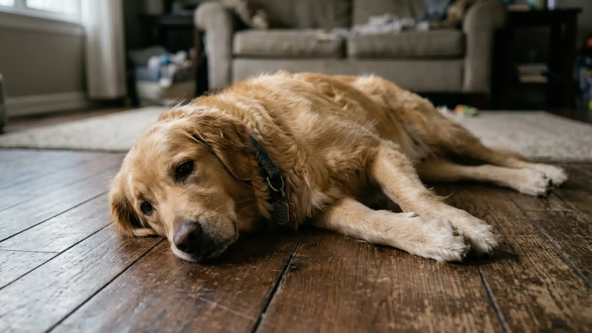 Golden retriever showing lethargy and loss of appetite, early signs of dog intestinal blockage