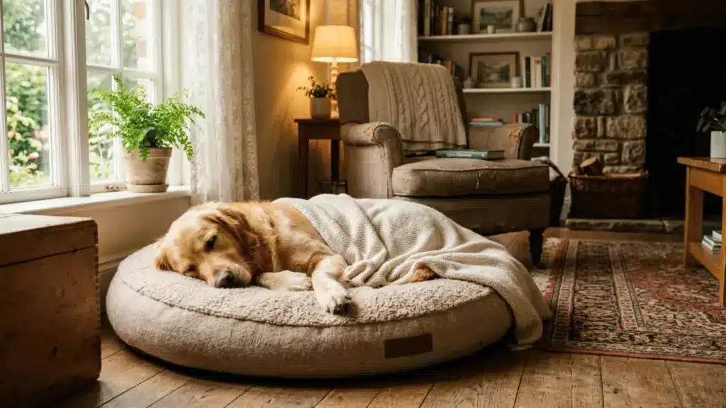 Golden retriever sleeping on a dog bed in a sunny living room