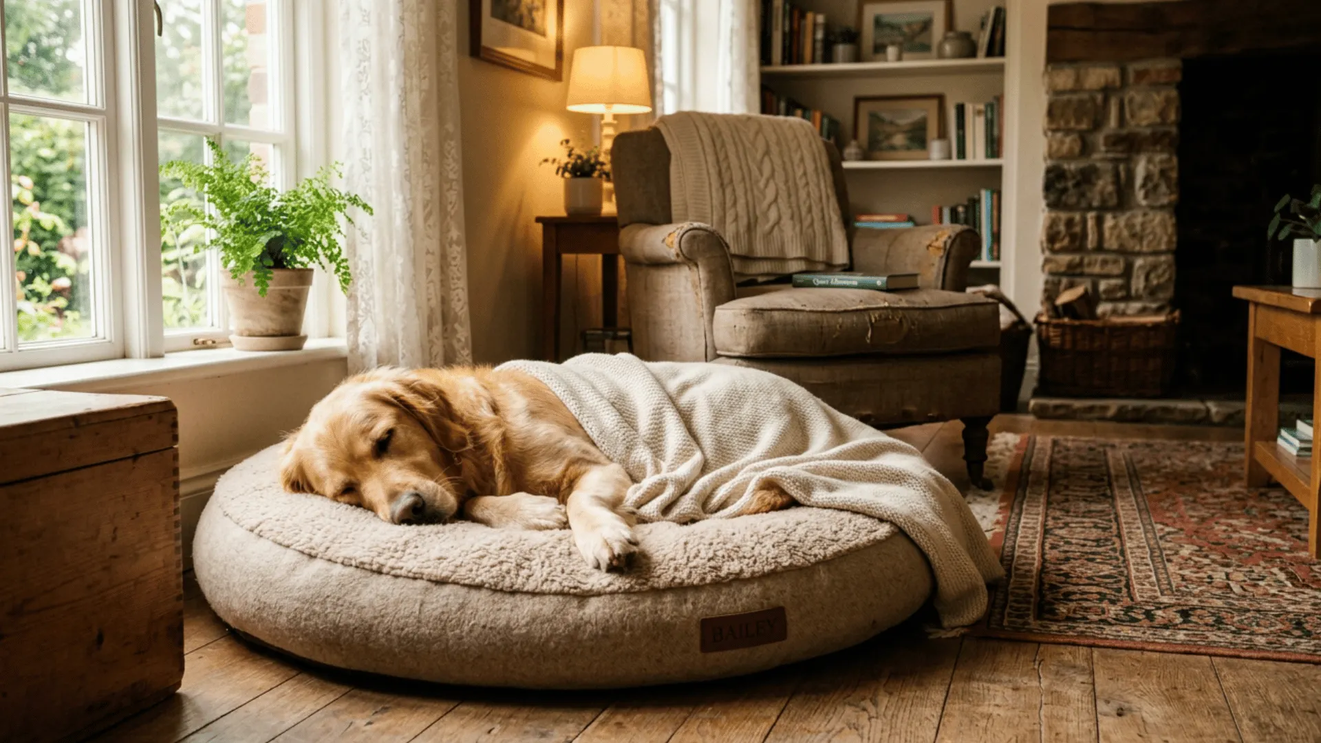 Golden retriever sleeping on a dog bed in a sunny living room