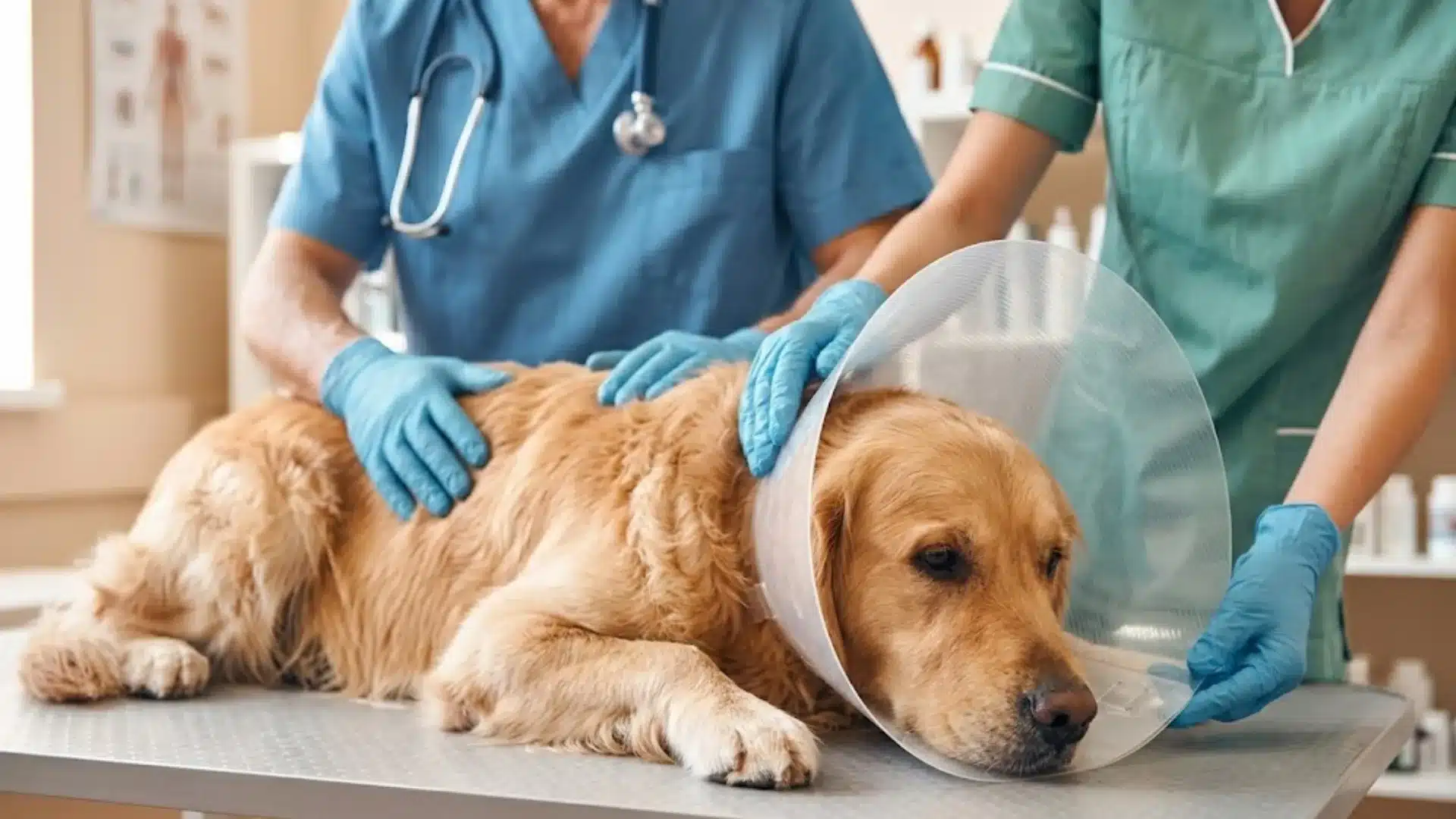Golden retriever wearing cone collar after vet surgery with veterinary staff nearby