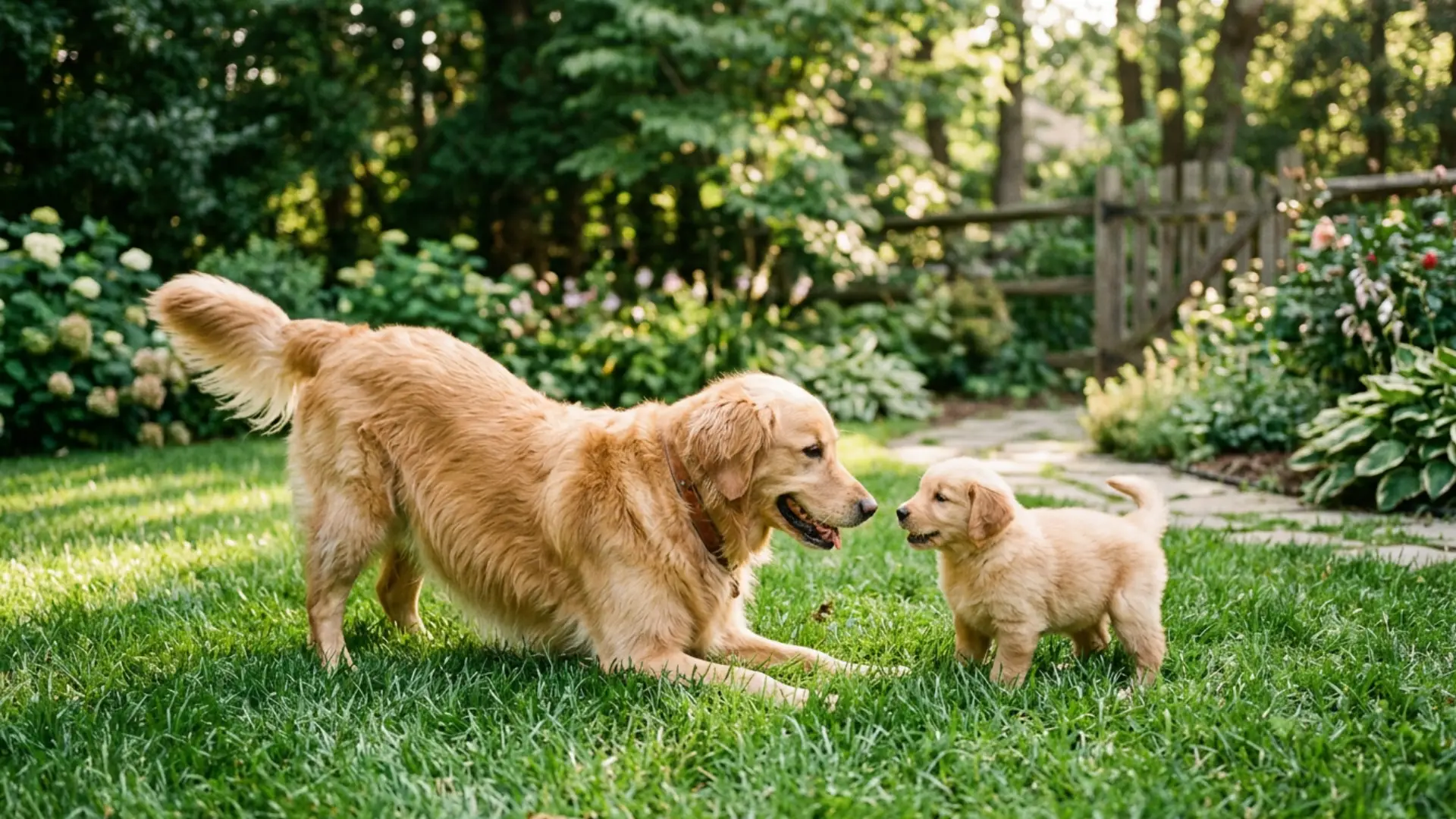 Golden Retriever adult dog playing with a puppy in a green garden