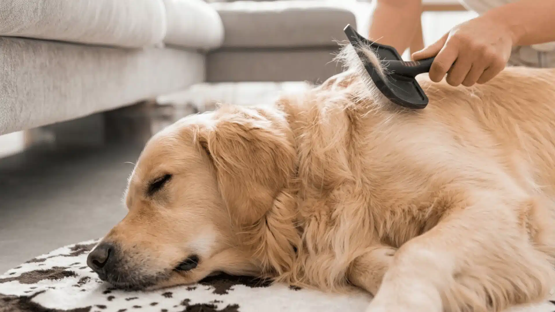 Golden Retriever being brushed indoors to remove loose fur during shedding season
