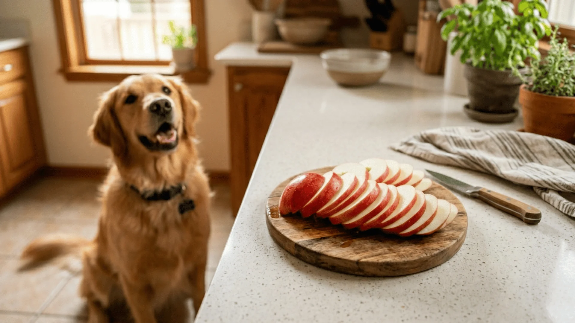 Golden retriever looking at fresh apple slices on kitchen counter