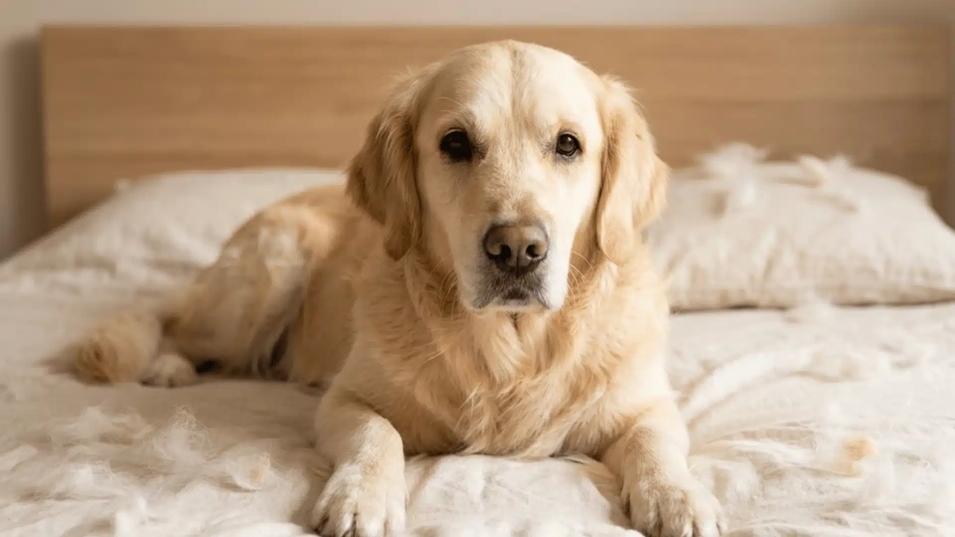 Golden Retriever lying on bed with loose fur from shedding around it