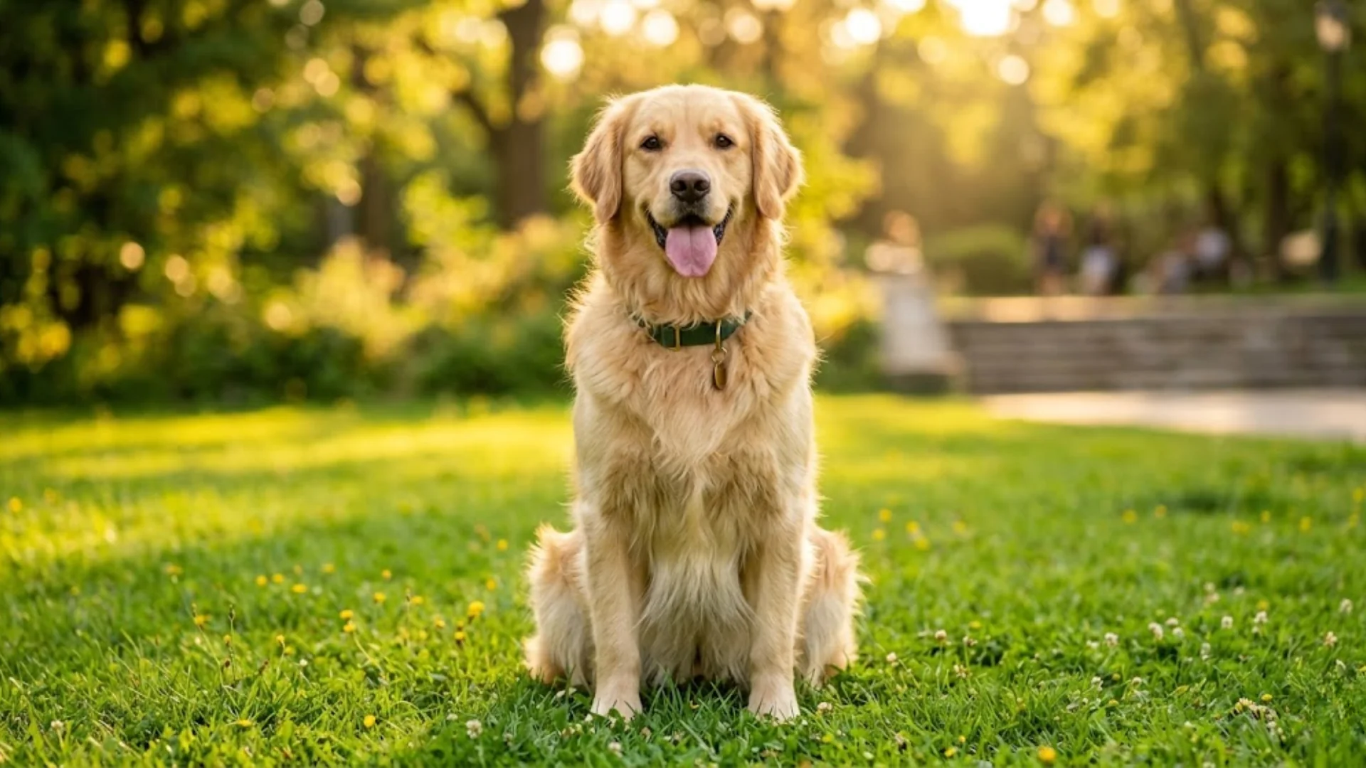 Golden Retriever sitting in sunlit grass with a soft green countryside background