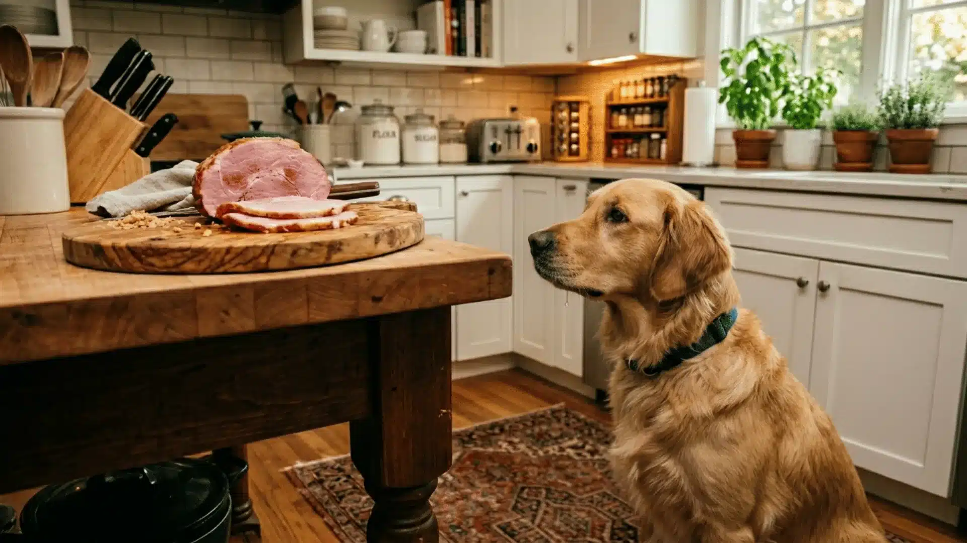 Golden Retriever watching sliced ham on a kitchen counter, showing interest in food left unattended