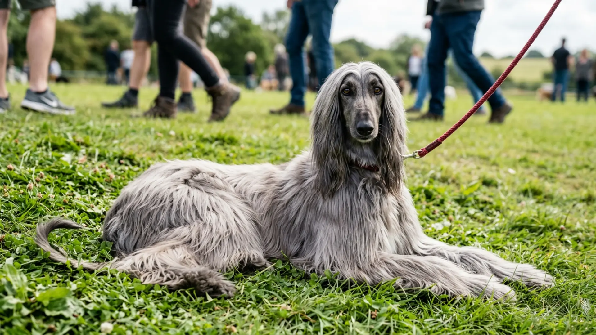 Gray Afghan Hound lying on grass with people walking in the background.