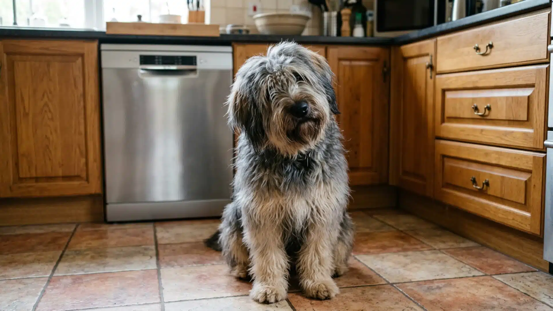 Gray and white Bearded Briard sitting on a kitchen floor with wooden cabinets behind