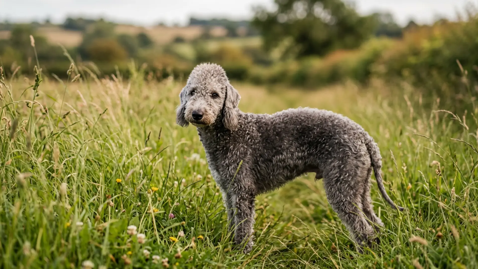 Gray Bedlington terrier standing in tall meadow grass