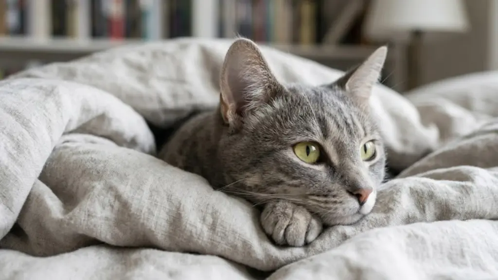 Gray cat resting on a bed with soft bedding, looking alert in a calm home setting near bookshelves