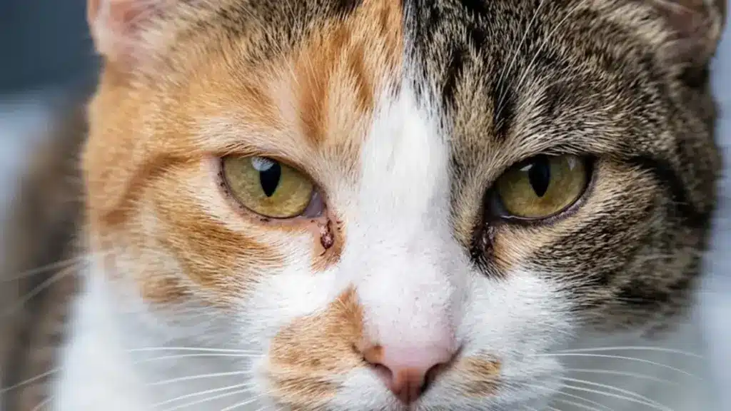 Gray cat squinting with waterClose-up calico cat with brown eye discharge near both eyes and a calm expressiony eye discharge while resting beside a wooden post outdoors