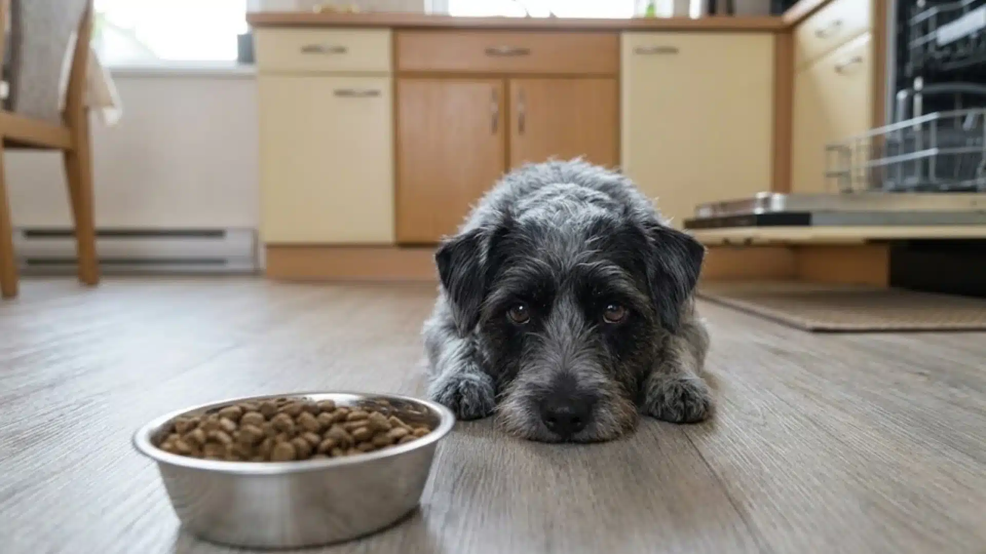 Gray dog lying beside a full food bowl in a kitchen while looking tired and uninterested in eating