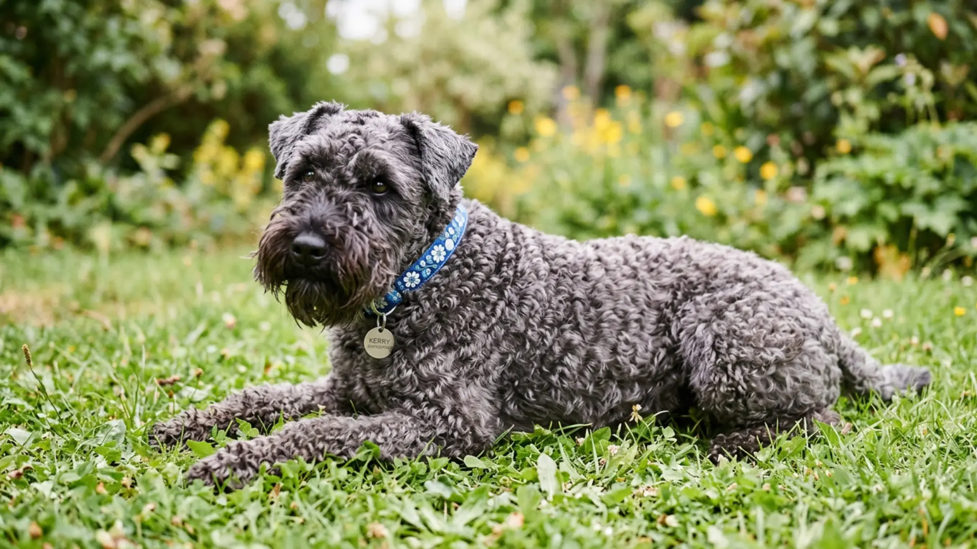 Gray Kerry Blue Terrier lying on grass in a garden