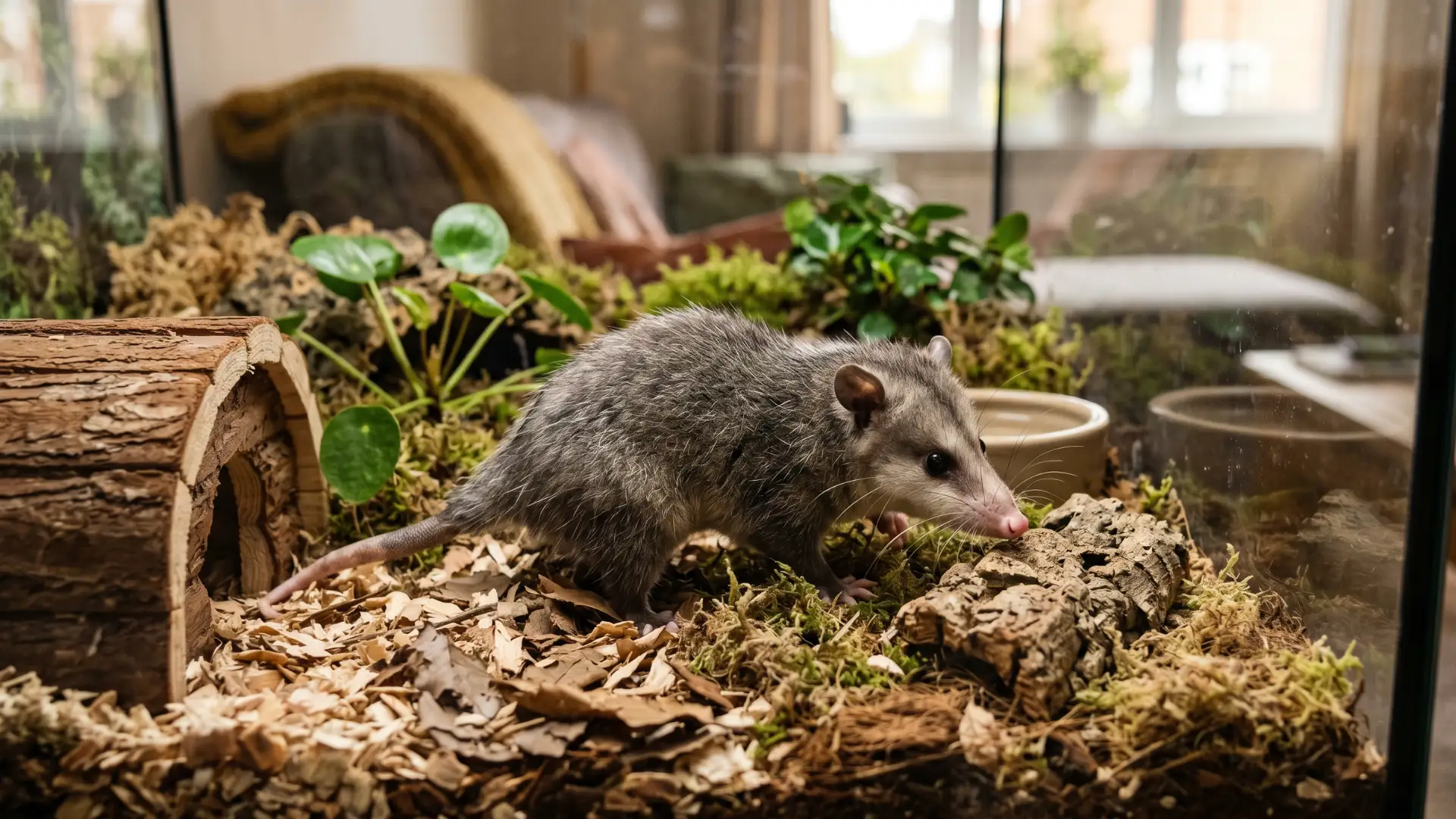 Gray opossum exploring a natural terrarium with wood chips, moss, logs, and small green plants