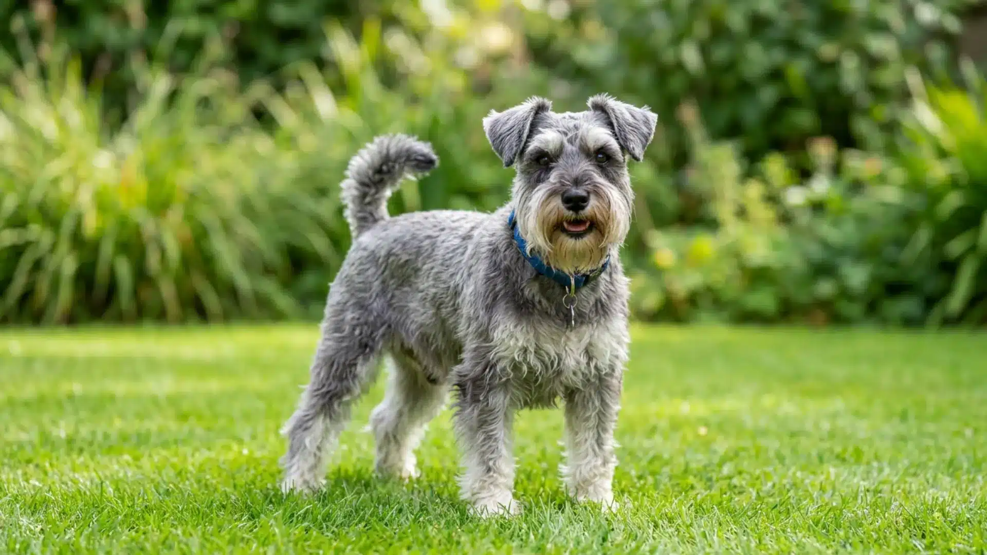 Gray schnauzer dog standing on green grass in a garden