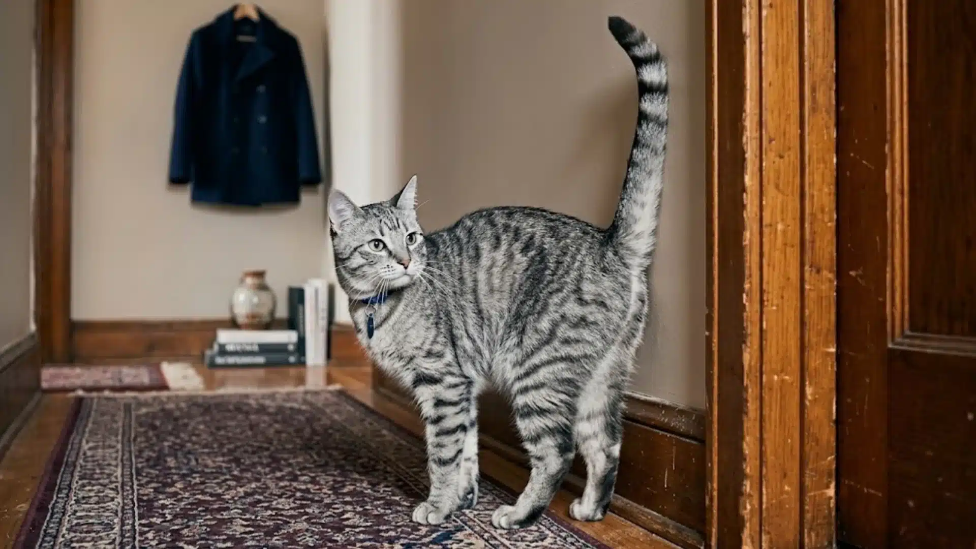Gray tabby cat standing in a hallway with tail raised beside a wall and wooden doorway