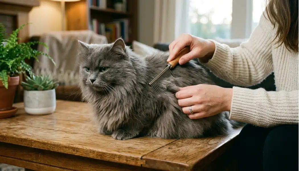 Gray long haired cat being gently combed by owner on a wooden table