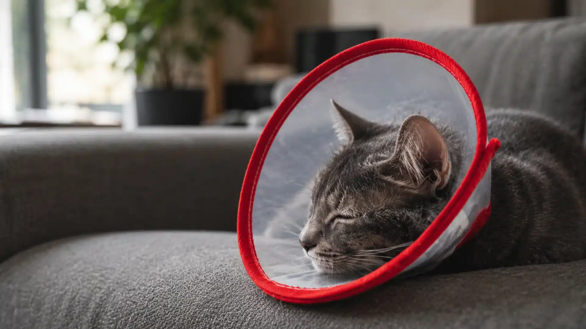 Gray tabby cat resting on a couch wearing a red recovery collar in a softly lit living room