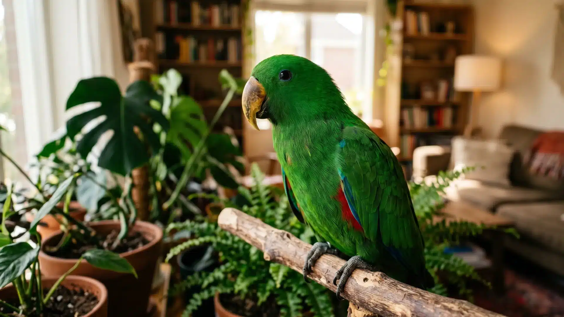 Green eclectus parrot perched on a wooden branch inside a cozy living room with houseplants