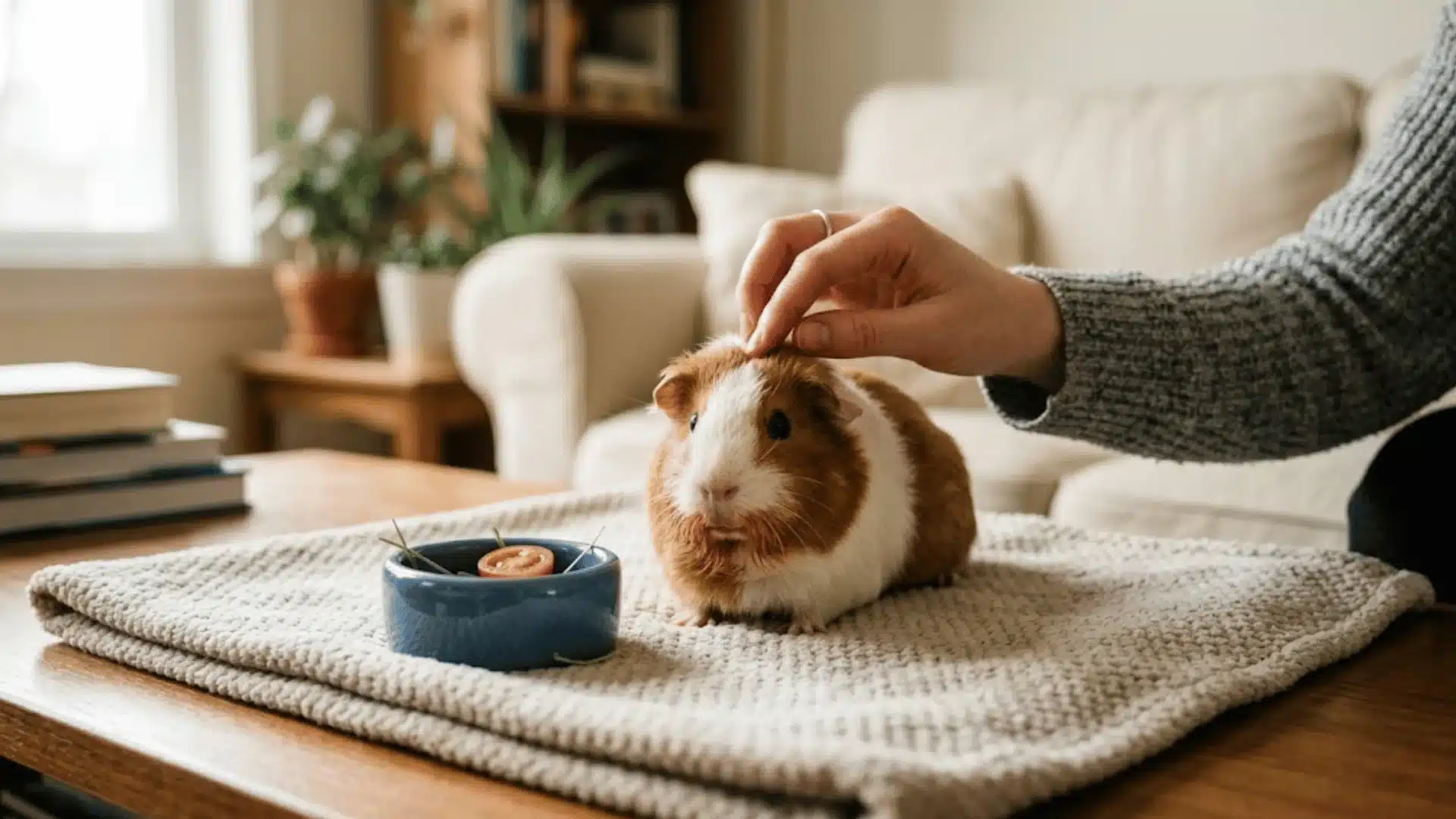 Guinea pig beside a bowl of tomato, feeding