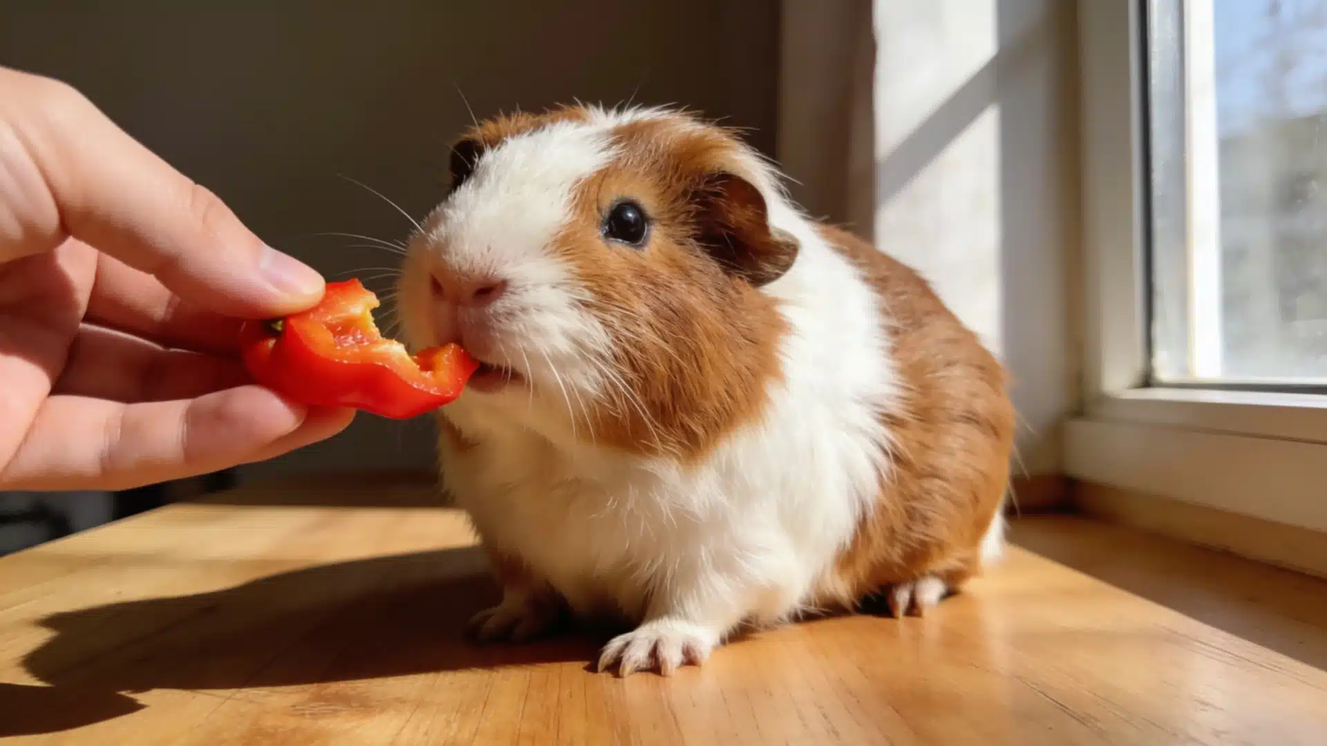 Guinea pig eating red bell pepper by a sunny window