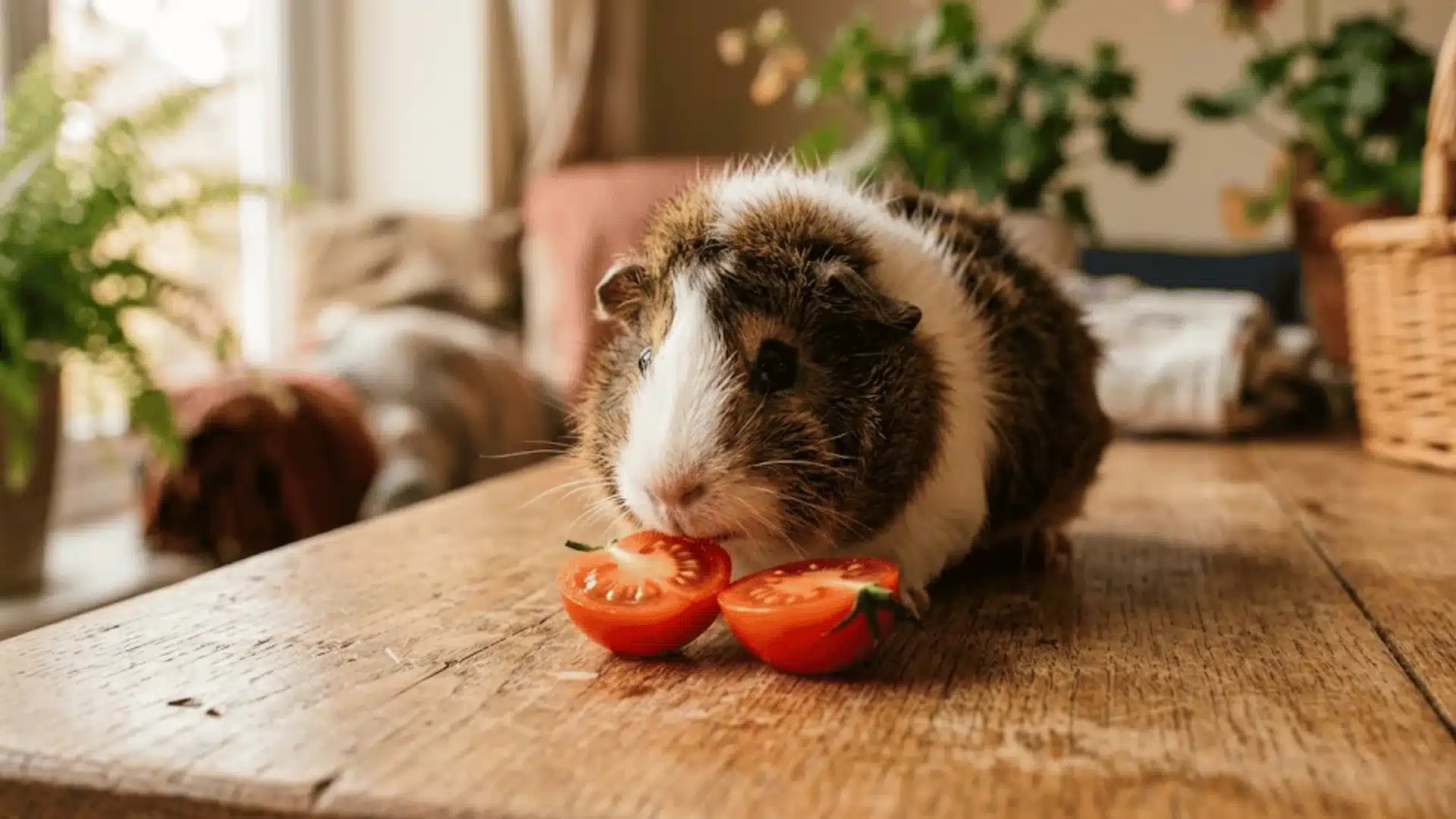 Guinea pig sniffing a fresh cherry tomato on a wooden surface