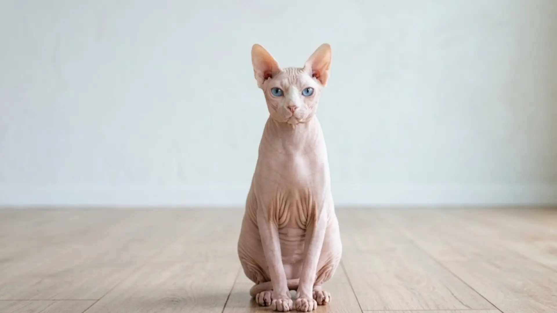 Hairless Donskoy cat sitting on a light wooden floor indoors